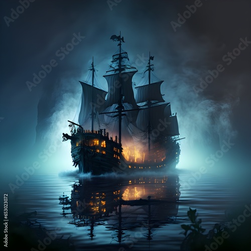 A mysterious pirate ship on the full fogged ocean and the spirits of the life screaming around it the ocean reflecting but the spirits are unreflectable ones gothic style 169 ratio 4K 