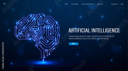 A web banner with a neon halogen brain from neural networks for artificial intelligence AI in blue with text.