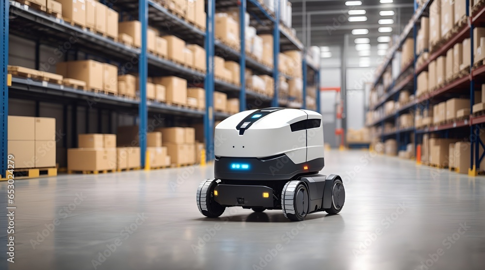 倉庫で小包と在庫を輸送する自律ロボット、工場の自動化|Autonomous robots transporting parcels and inventory in warehouses, factory automation. Generative AI 倉庫で小包と在庫を輸送する自律ロボット、工場の自動化|Autonomous robots transporting parcels and inventory in warehouses, factory automation. Generative AI
