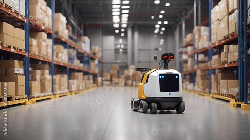 倉庫で小包と在庫を輸送する自律ロボット、工場の自動化｜Autonomous robots transporting parcels and inventory in warehouses, factory automation. Generative AI © happy Wu 