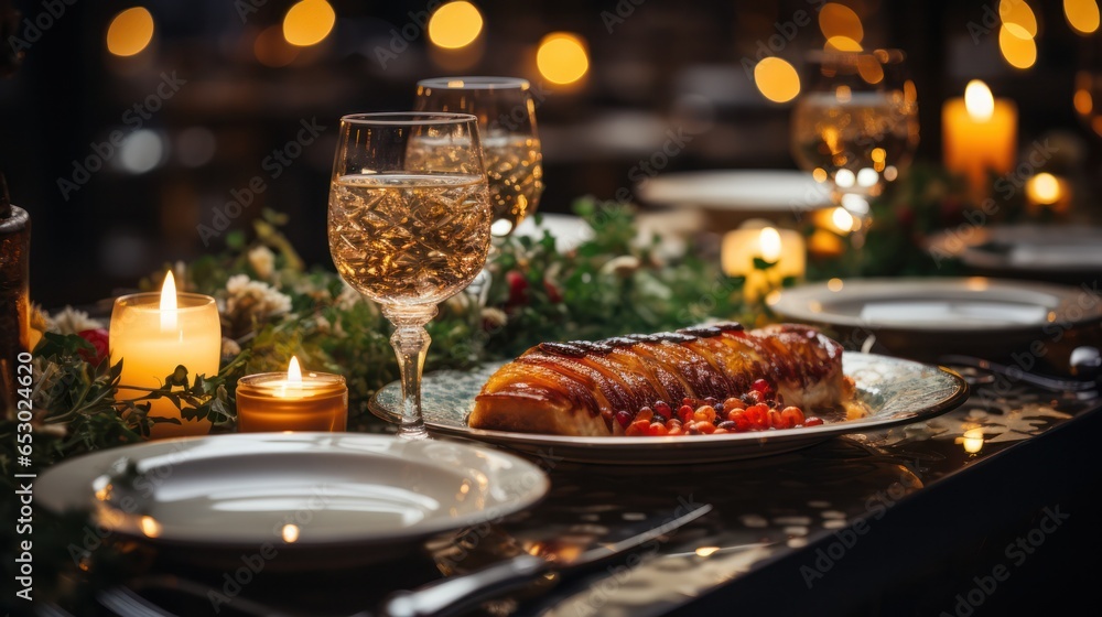 roll baked on the grill with vegetables and herbs on a platter. festive table setting against the backdrop of illumination. roll baked on the grill with vegetables and herbs on a platter. festive table setting against the backdrop of illumination.