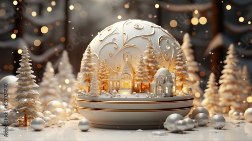 Winter background with white Christmas balls on a blurred background of Christmas trees with illumination © Margo_Alexa