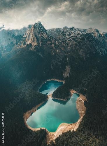 Aerial photos of lake with blue water photo
