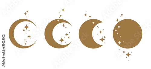 A set of gold moon and sparkling starlight illustrations of various shapes. The moon has the shape of a crescent, half, or full moon. photo