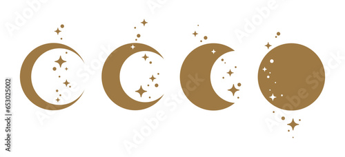 A set of gold moon and sparkling starlight illustrations of various shapes. The moon has the shape of a crescent, half, or full moon.