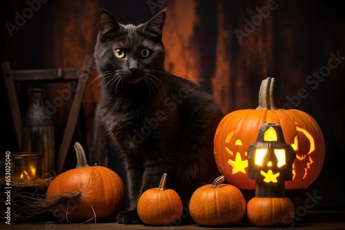 Midnight Mischief: Black Halloween Cat and Haunted Pumpkin 