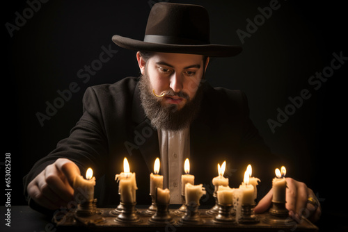 Hanukkah menorah candles are lit by a man, symbolizing the holiday's significance photo