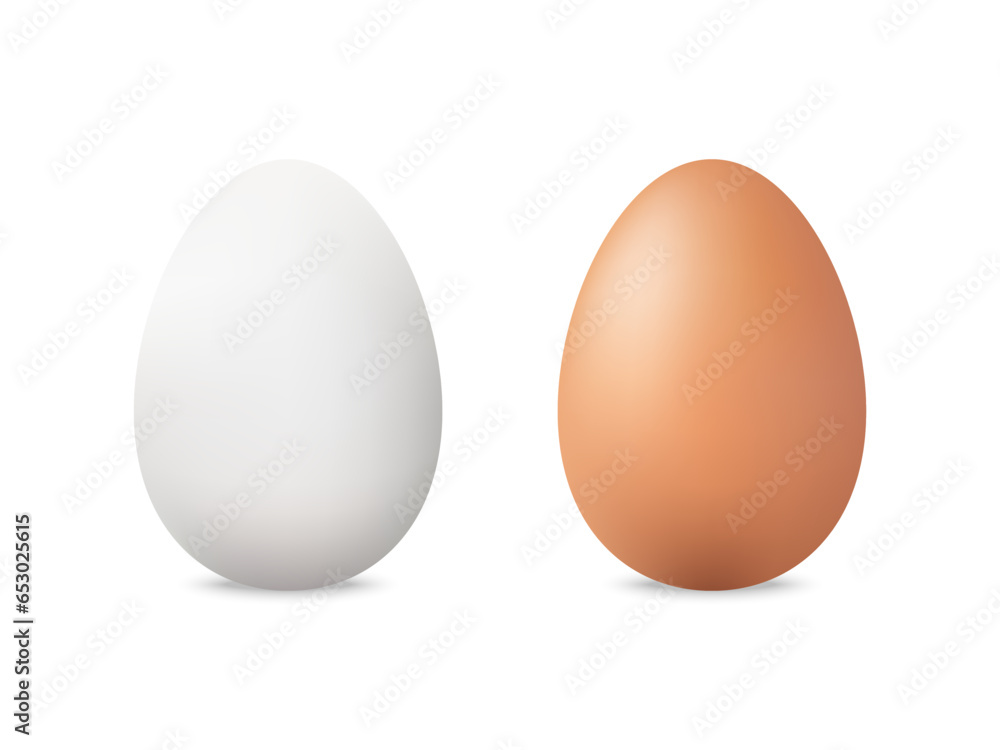 Eggs set. Realistic white and brown chicken eggs. Organic food concept. Whole eggshell with soft shadow. Easter elements mockup on white background. Vector illustration Eggs set. Realistic white and brown chicken eggs. Organic food concept. Whole eggshell with soft shadow. Easter elements mockup on white background. Vector illustration