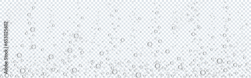 Bubbles underwater. Water sparks. Fizzy air on transparent backdrop. Sparkling water effect. Soda pop with oxygen bubbles. Aquarium or undersea template. Vector illustration