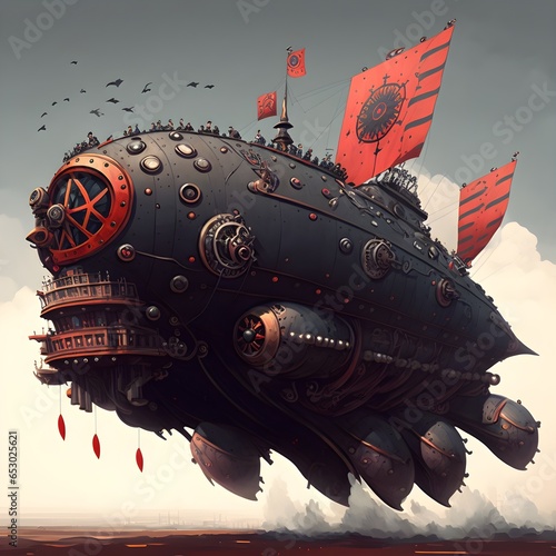 a gargantuan clockpunk airship that is matt black and red in colour It has several black flags with red templar crosses hanging from the side and massive gatling guns hanging from several points on  photo