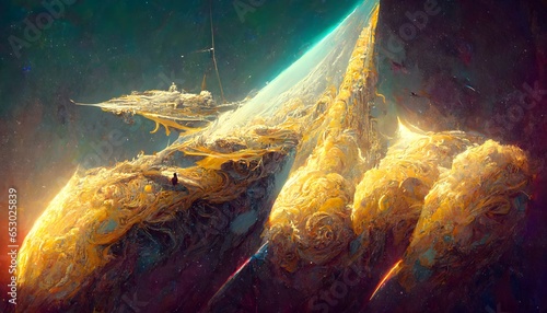 Epic space opera Holographic spaceships Combative Neon Egirl wide scale two humongous gold clouds golden ratio rule of thirds detailed intricate details  photo