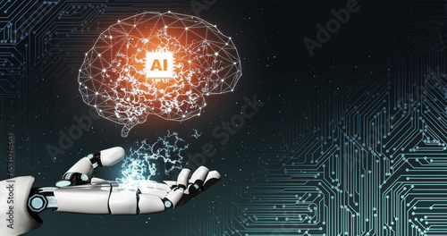 Fototapeta Naklejka Na Ścianę i Meble -  3D Rendering Futuristic robot technology development, artificial intelligence AI, and machine learning concept. Global robotic bionic science research for future human life. 3D illustration