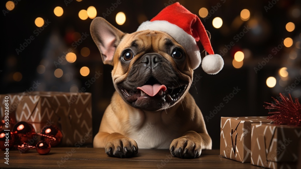 Photo of French bulldog dog with Christmas hat. Generated with AI.