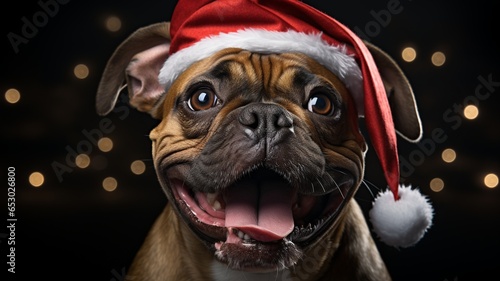 Photo of French bulldog dog with Christmas hat. Generated with AI. © SobrevolandPatagonia