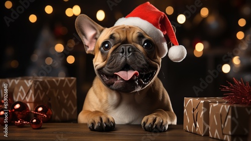Photo of French bulldog dog with Christmas hat. Generated with AI. © SobrevolandPatagonia