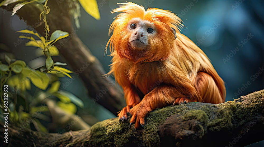 An Golden lion tamarin sitting on a tree in one of the few remaining patches of Atlantic rainforest An Golden lion tamarin sitting on a tree in one of the few remaining patches of Atlantic rainforest