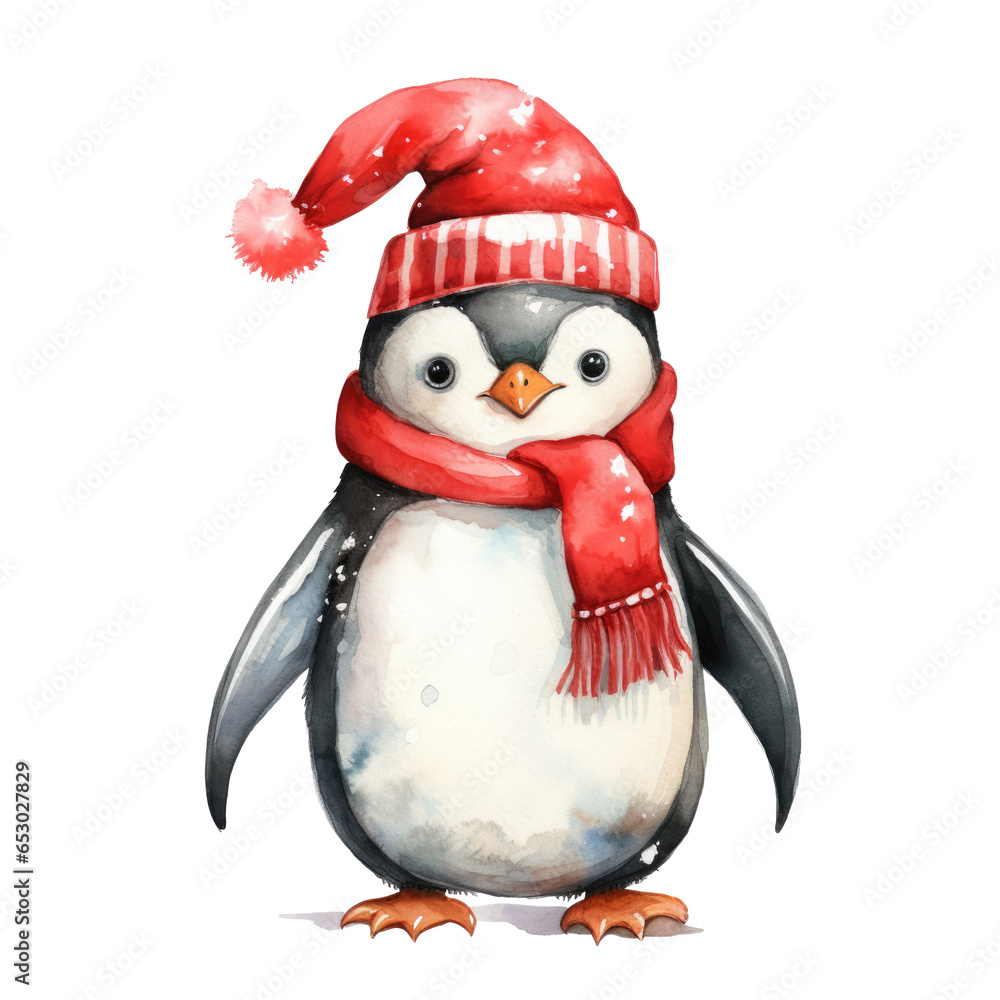 Fototapeta premium Watercolor penguin in Santa hat and red scarf, Christmas art on a transparent background