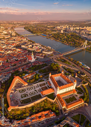 Photography aerial photos of bratislava castle with sunset colors