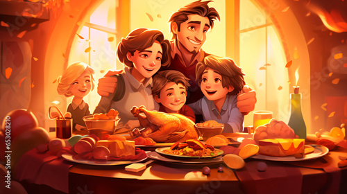 Capture the warmth and tradition of a Thanksgiving feast, focusing on a beautifully set dining table adorned with a bountiful harvest of seasonal fruits, vegetables, and a succulent turkey