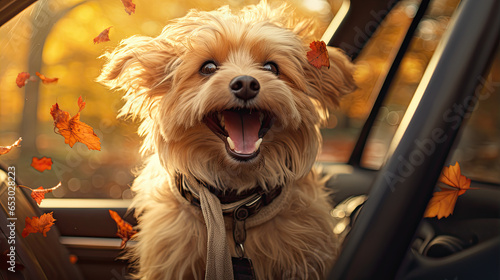 Happy dog leaning out into open car window and stuck out his tongue. Its fur flutter in the wind on its joyful autumn journey. 