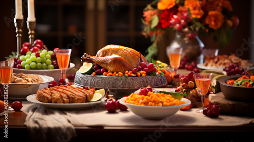 Capture the warmth and tradition of a Thanksgiving feast, focusing on a beautifully set dining table adorned with a bountiful harvest of seasonal fruits, vegetables, and a succulent turkey