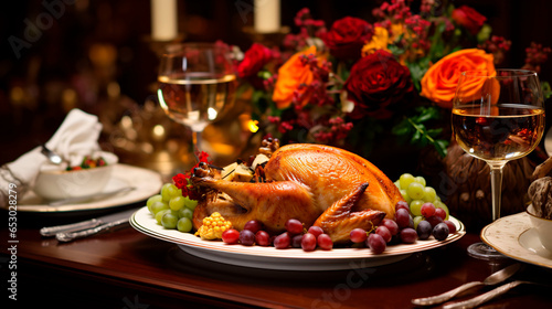Capture the warmth and tradition of a Thanksgiving feast, focusing on a beautifully set dining table adorned with a bountiful harvest of seasonal fruits, vegetables, and a succulent turkey
