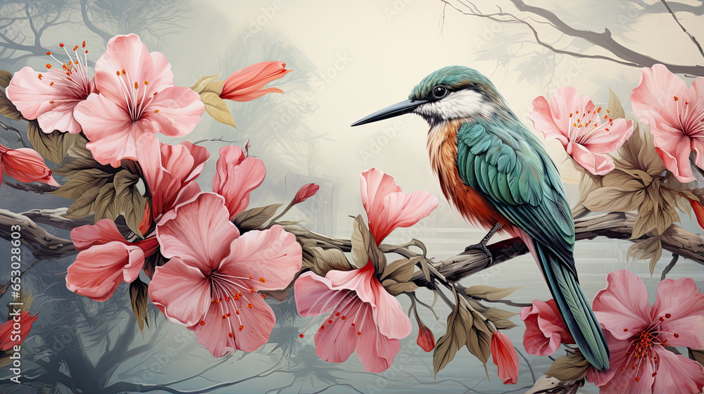 llustration of tropical wallpaper design with exotic leaves and flowers. Hummingbird and flamingos. Paper texture background. Seamless texture. - obrazy, fototapety, plakaty 