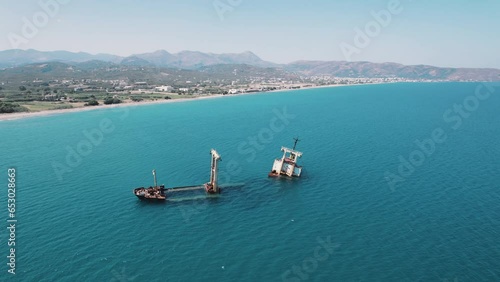 Manassa Rose shipwreck in Kissamos bay, drone view. High quality 4k footage photo