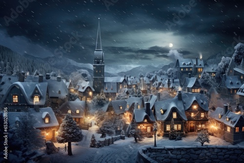 Cute Christmas village with snow-covered roofs and streets