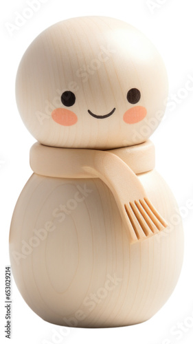 Minimalistic Scandinavian wooden snowman isolated. Wooden snowman figurine christmas decorations.