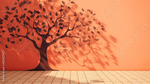 Tree shadow on terracotta red brown orange house wall and sidewalk. Exterior street outdoor. Background. Space for product design object. Moskup stage template presentation. Plant leaves nature. photo