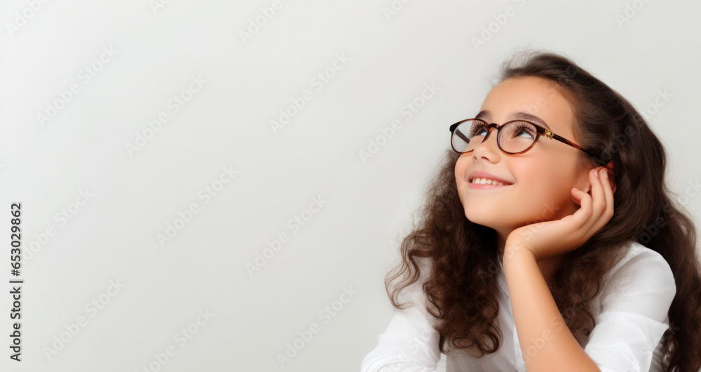 Portrait of a Young Girl With Glasses, Dreaming, Thinking, Smart Kid, Copy Space, White Background. Generative AI Portrait of a Young Girl With Glasses, Dreaming, Thinking, Smart Kid, Copy Space, White Background. Generative AI