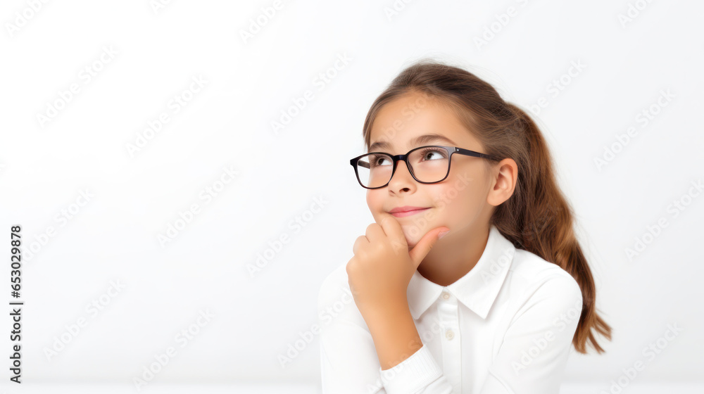 Portrait of a Young Girl With Glasses, Dreaming, Thinking, Smart Kid, Copy Space, White Background. Generative AI