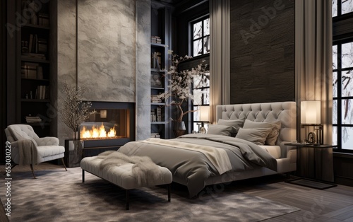 Modern style interior of a bedroom with fireplace. Generative AI © piai