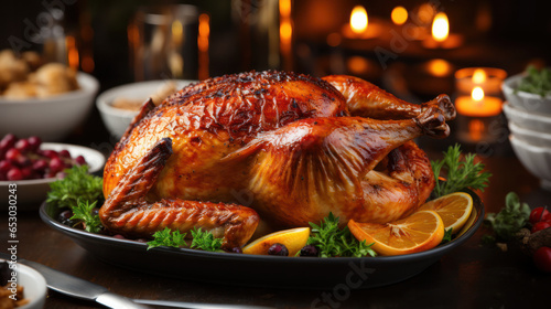 Delicious Roasted Chicken or Turkey on a Plate, Thanksgiving Food Dinner, Christmas Menu. Generative AI