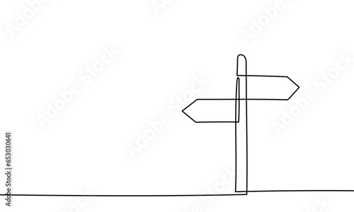 Line one sign road way arrow single illustration street icon vector travel signpost post choice art. Continuous one line direction sign journey background board guidance information concept isolated
