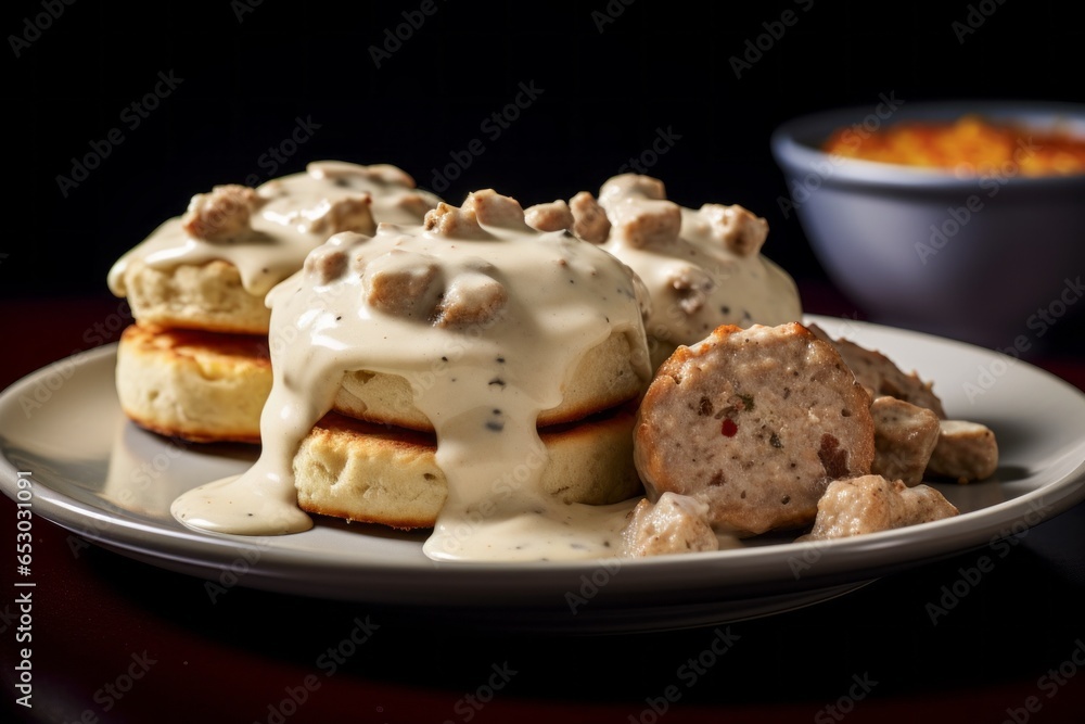 Appetizing Biscuits and gravy. Traditional American cuisine. Popular authentic dishes. Background with selective focus Appetizing Biscuits and gravy. Traditional American cuisine. Popular authentic dishes. Background with selective focus