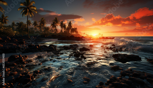 A tranquil sunset over a tropical coastline, waves reflecting beauty generated by AI