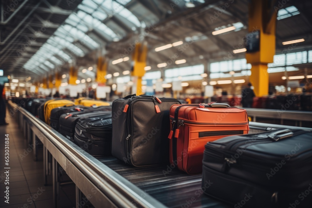 Baggage and suitcases on an airport terminal conveyor belt - obrazy, fototapety, plakaty 