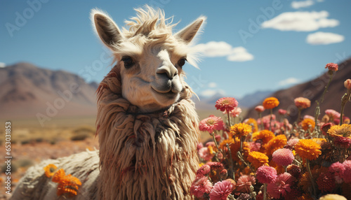 A cute alpaca smiles  looking at camera in the meadow generated by AI