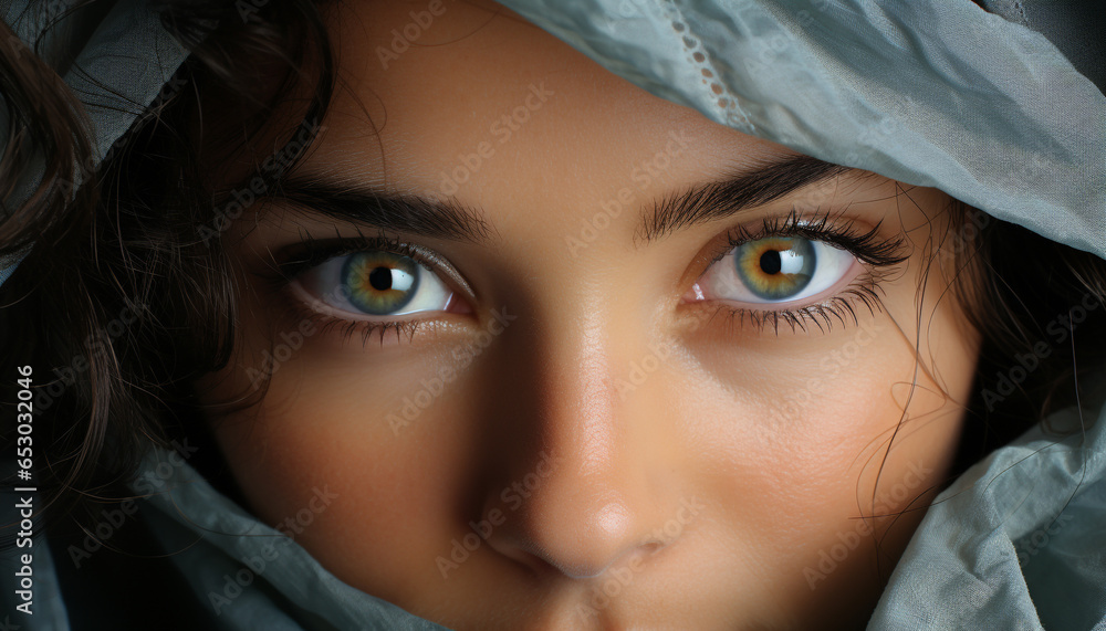 Smiling young woman with blue eyes, beauty in close up portrait generated by AI Smiling young woman with blue eyes, beauty in close up portrait generated by AI