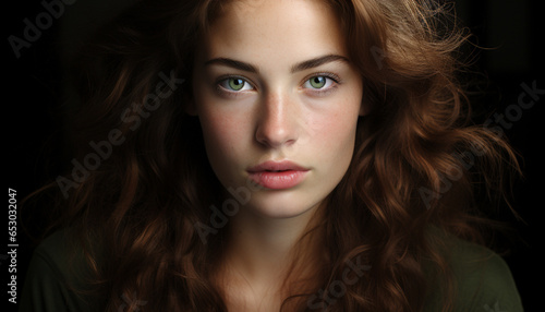 A beautiful young woman with long brown hair looking at camera generated by AI
