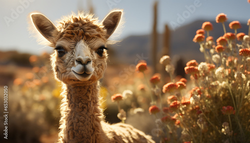 Cute alpaca grazing on grass  looking at camera in sunset generated by AI
