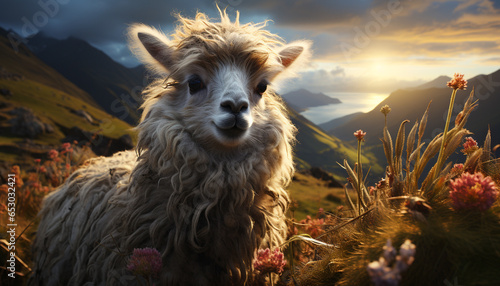 A cute alpaca gazes at the sunset in the mountains generated by AI