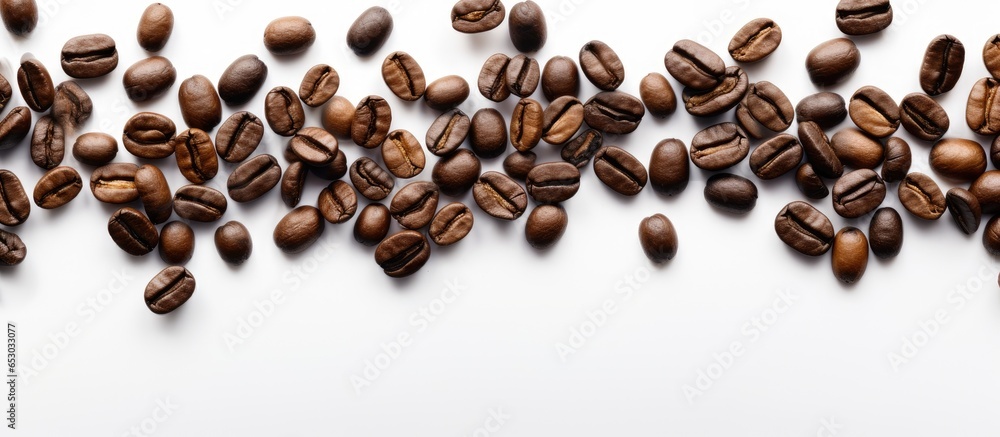 Aromatic coffee beans float on white with space for text Aromatic coffee beans float on white with space for text