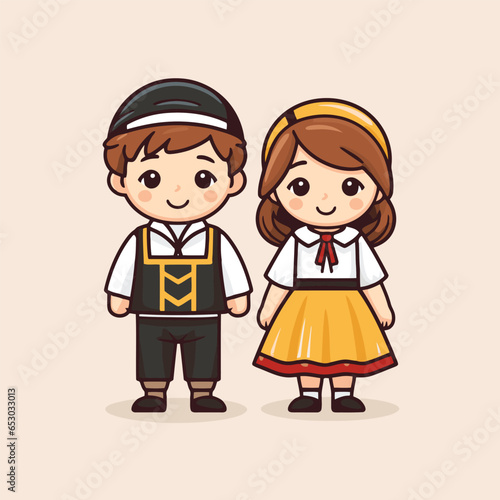 Bavarian boy and girl wearing traditional clothes. Vector illustration.