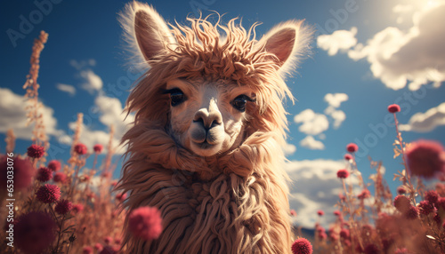 Fluffy alpaca in meadow, cute portrait of nature beauty generated by AI © grgroup