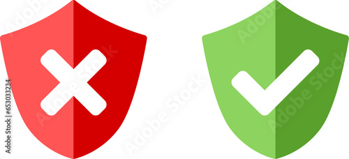 Shield Green and Red Safe and Unsafe Security Icon Set with Checkmark and X Cross Signs with Shadow Effect. Vector Image.
