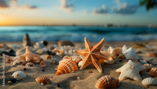 Tropical climate with coastline, seashell, starfish, sunset, relaxation, waters edge, tranquil scene, sunrise, aquatic generated by AI
