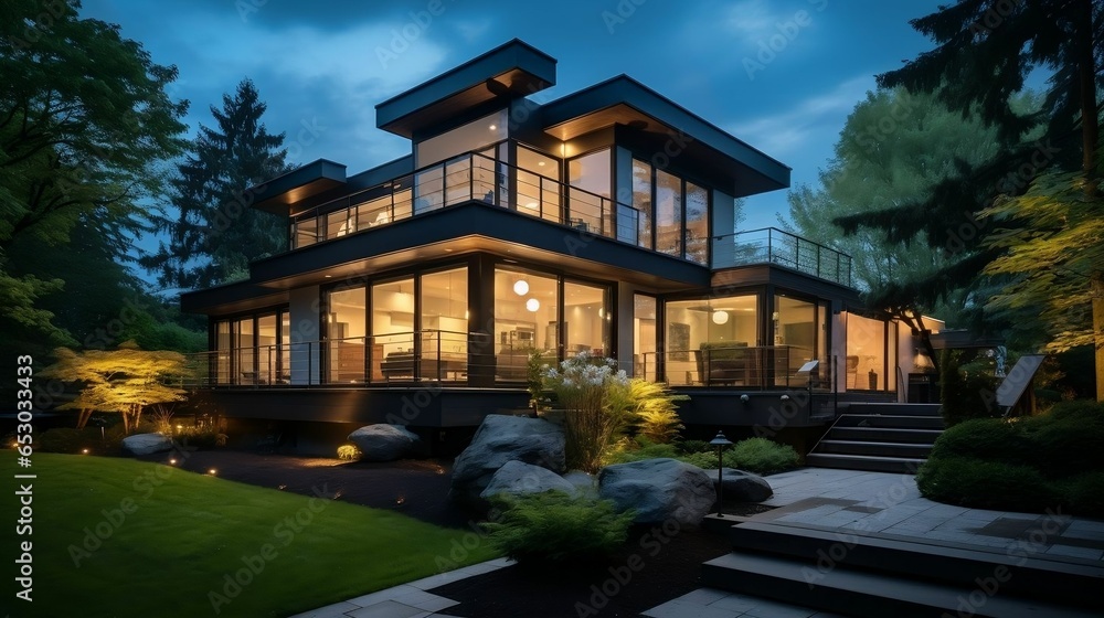 evening outdoor urban view of modern real estate home
